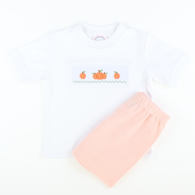 Smocked Autumn Pumpkins Short Sleeve White Knit Shirt