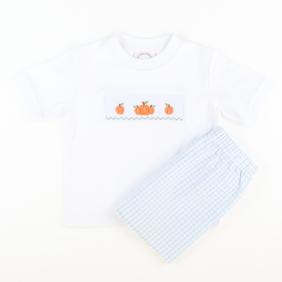 Smocked Autumn Pumpkins Short Sleeve White Knit Shirt