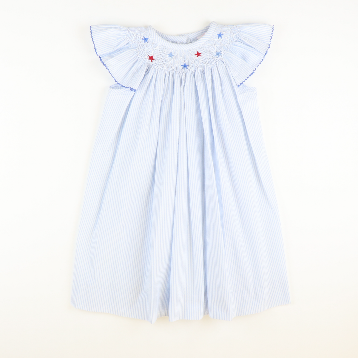 Smocked Patriotic Stars Bishop - Light Blue Stripe Seersucker