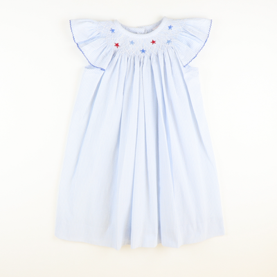 Smocked Patriotic Stars Bishop - Light Blue Stripe Seersucker