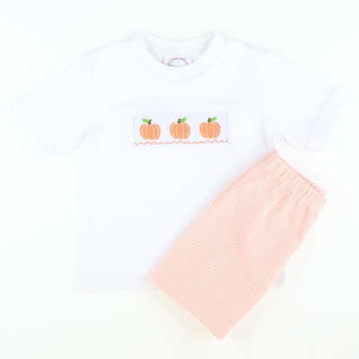 Smocked Classic Pumpkins Short Sleeve White Knit Shirt