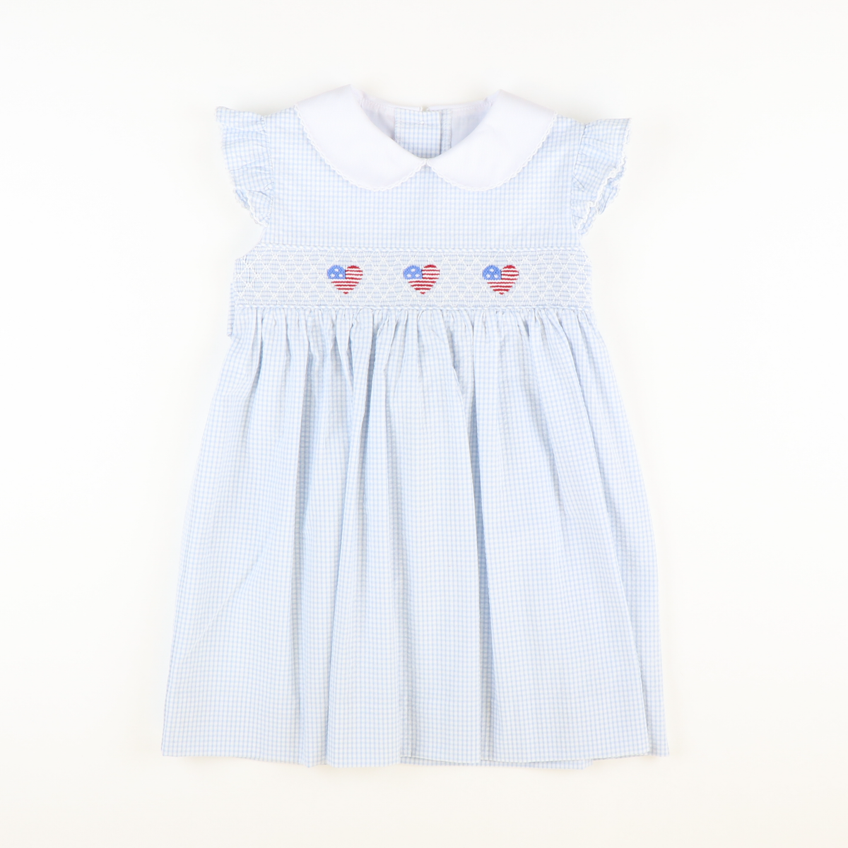 Smocked Patriotic Hearts Dress - Light Blue Mini Check Seersucker