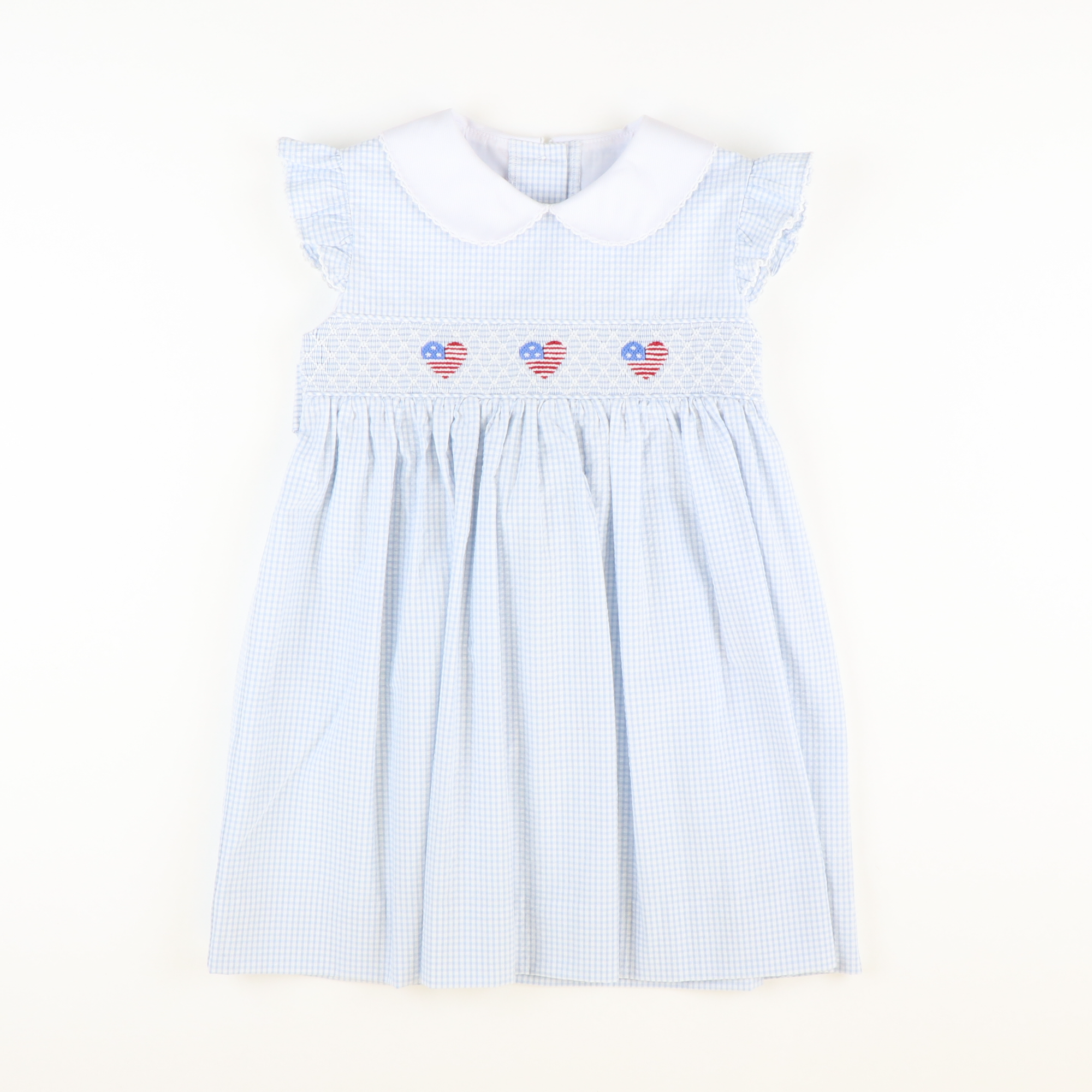 Smocked Patriotic Hearts Dress - Light Blue Mini Check Seersucker