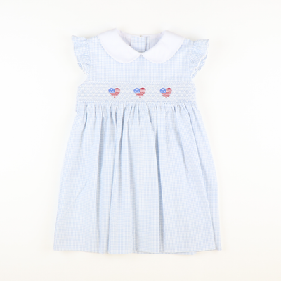 Smocked Patriotic Hearts Dress - Light Blue Mini Check Seersucker