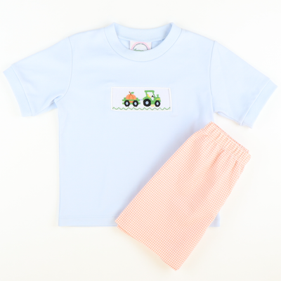 Smocked Pumpkin Tractor Short Sleeve Light Blue Knit Shirt