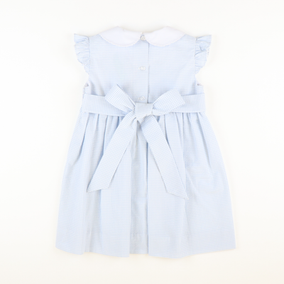 Smocked Patriotic Hearts Dress - Light Blue Mini Check Seersucker