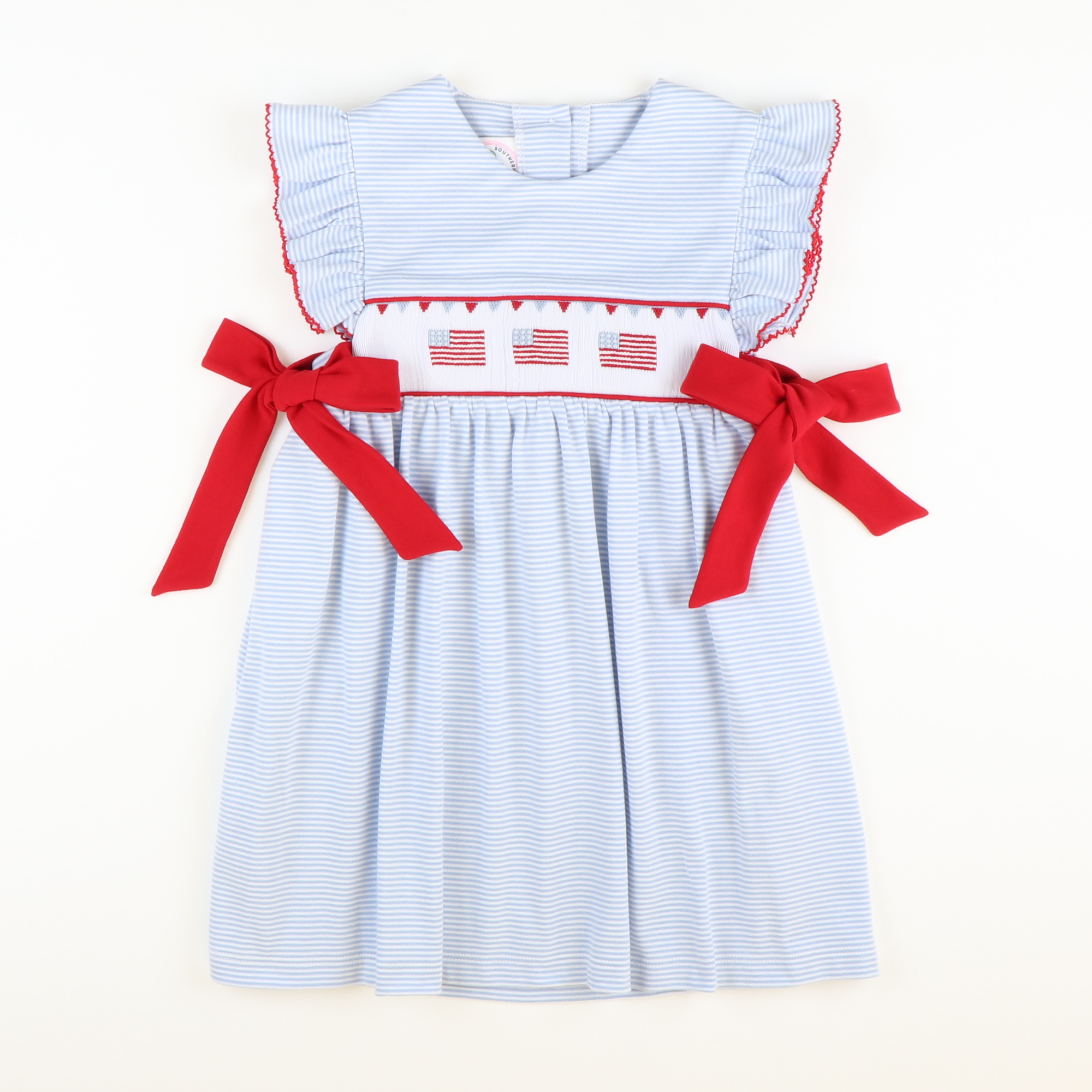 Smocked Fourth of July Parade Dress - Light Blue Stripe Knit