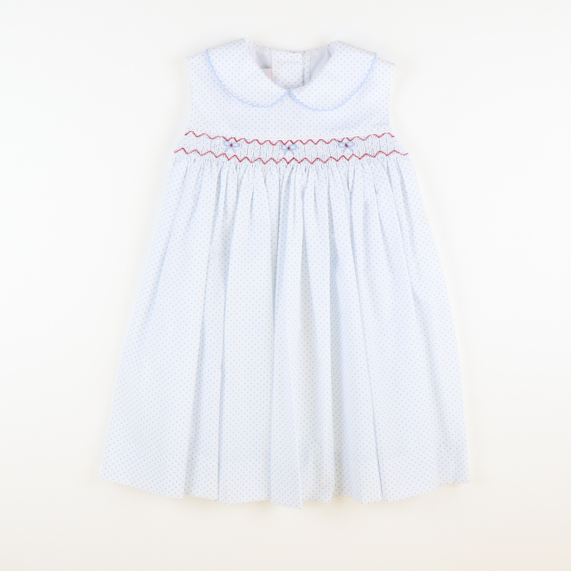 Smocked Patriotic Bows Collared Dress - Light Blue Tiny Dot
