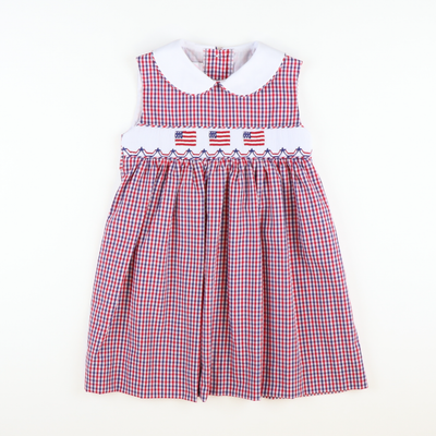 Smocked Liberty Collared Dress - Red and Blue Plaid
