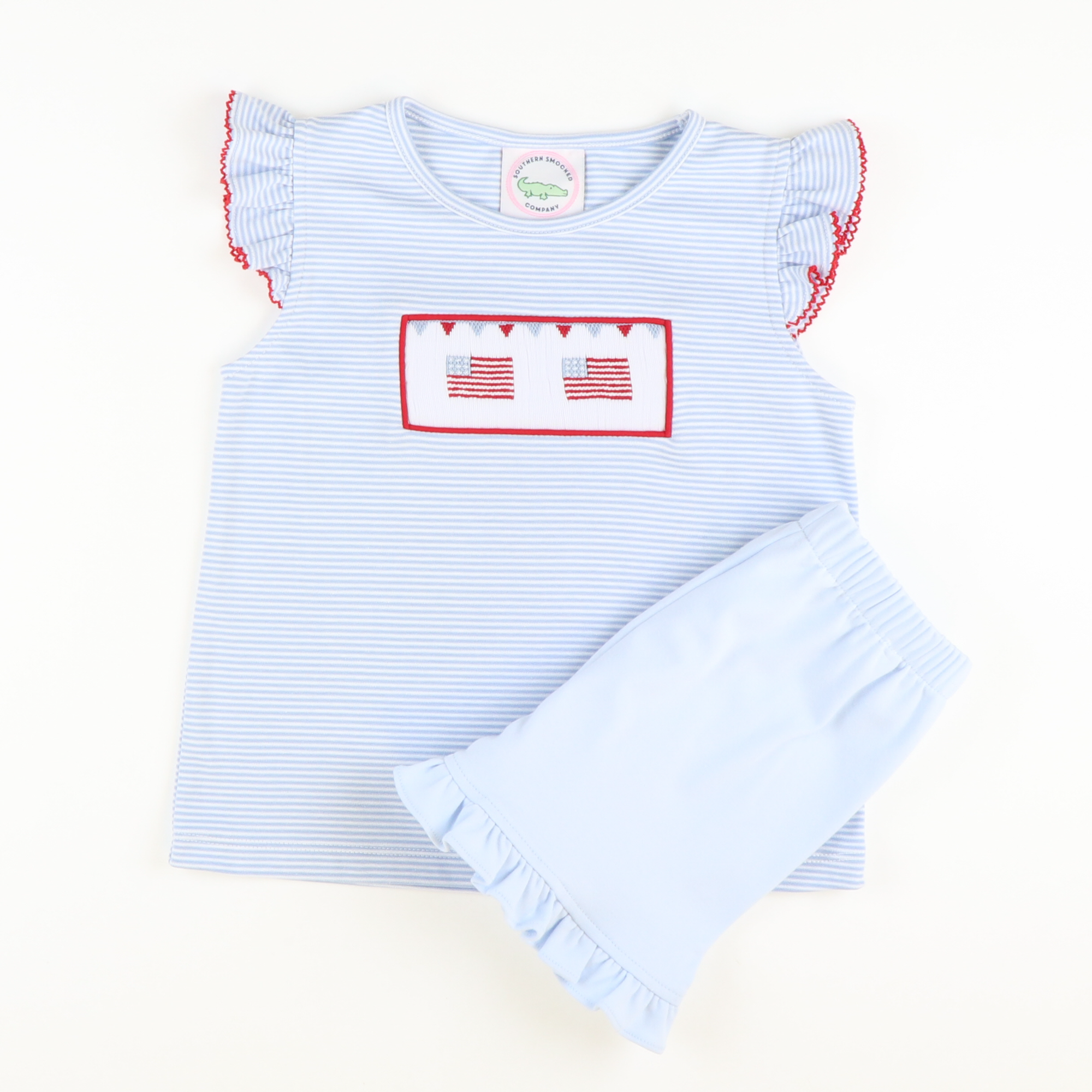 Smocked Fourth of July Parade Top & Ruffle Shorts Set - Light Blue Stripe Knit