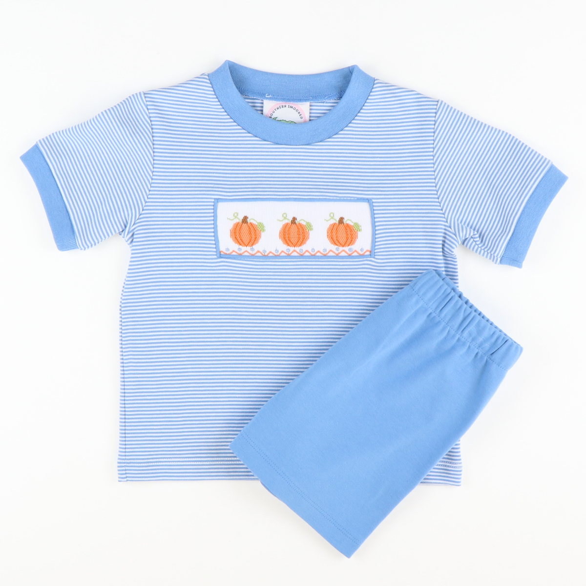 Smocked Pumpkins & Vines Knit Shirt & Shorts Set - Party Blue Micro Stripe & Party Blue Knit