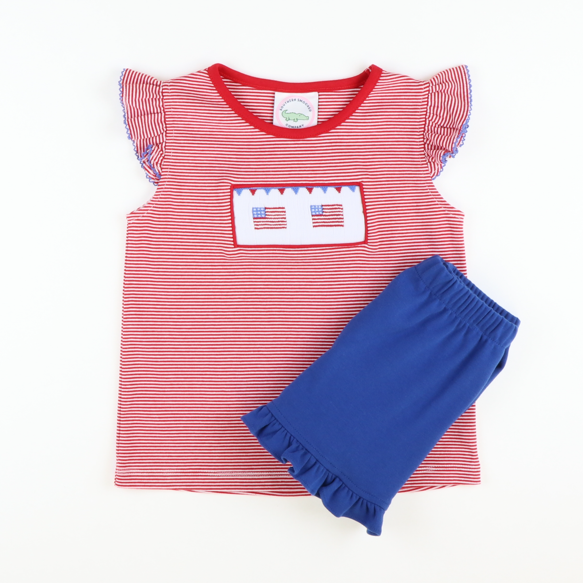 Smocked Stars and Stripes Knit Top and Ruffle Shorts Set