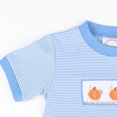 Smocked Pumpkins & Vines Knit Shirt & Shorts Set - Party Blue Micro Stripe & Party Blue Knit