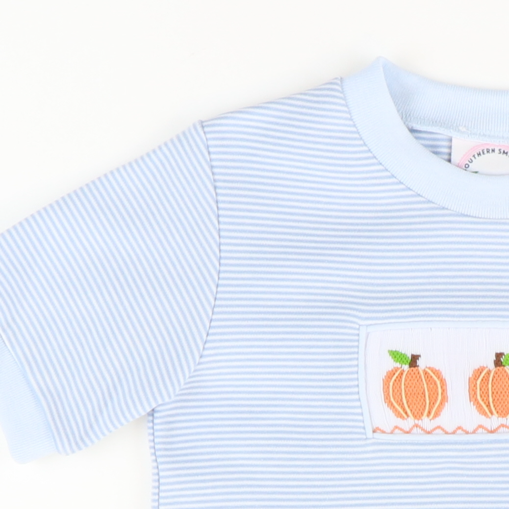 Smocked Classic Pumpkins  Knit Shirt & Shorts Set - Light Blue Micro Stripe & Light Blue Knit