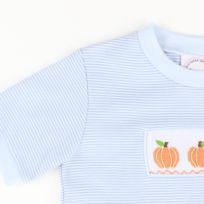 Smocked Classic Pumpkins  Knit Shirt & Shorts Set - Light Blue Micro Stripe & Light Blue Knit
