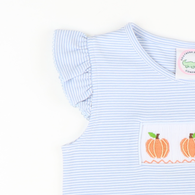 Smocked Classic Pumpkins Knit Top & Ruffle Shorts Set - Light Blue Micro Stripe & Light Blue Knit