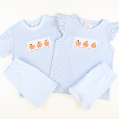 Smocked Classic Pumpkins  Knit Shirt & Shorts Set - Light Blue Micro Stripe & Light Blue Knit