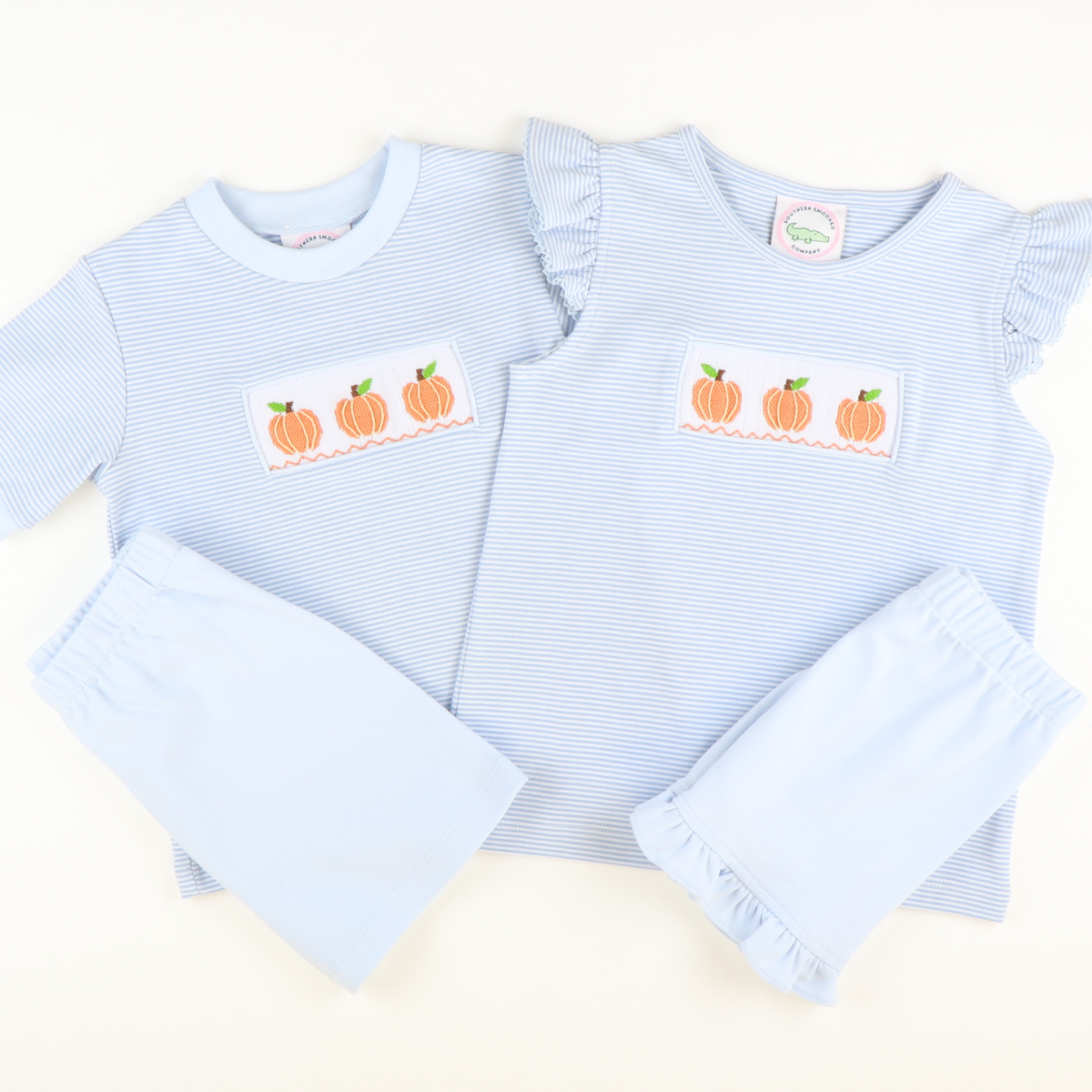 Smocked Classic Pumpkins Knit Top & Ruffle Shorts Set - Light Blue Micro Stripe & Light Blue Knit