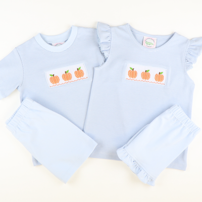 Smocked Classic Pumpkins Knit Top & Ruffle Shorts Set - Light Blue Micro Stripe & Light Blue Knit