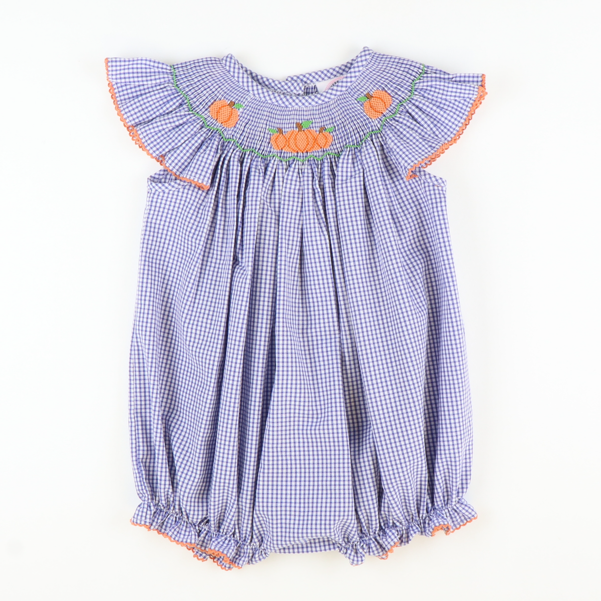 Smocked Autumn Pumpkins Girl Bubble - Royal Blue Sandra Gingham Plaid
