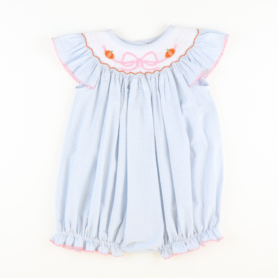 Smocked Pumpkins & Bow Girl Bubble - Light Blue Mini Check Seersucker