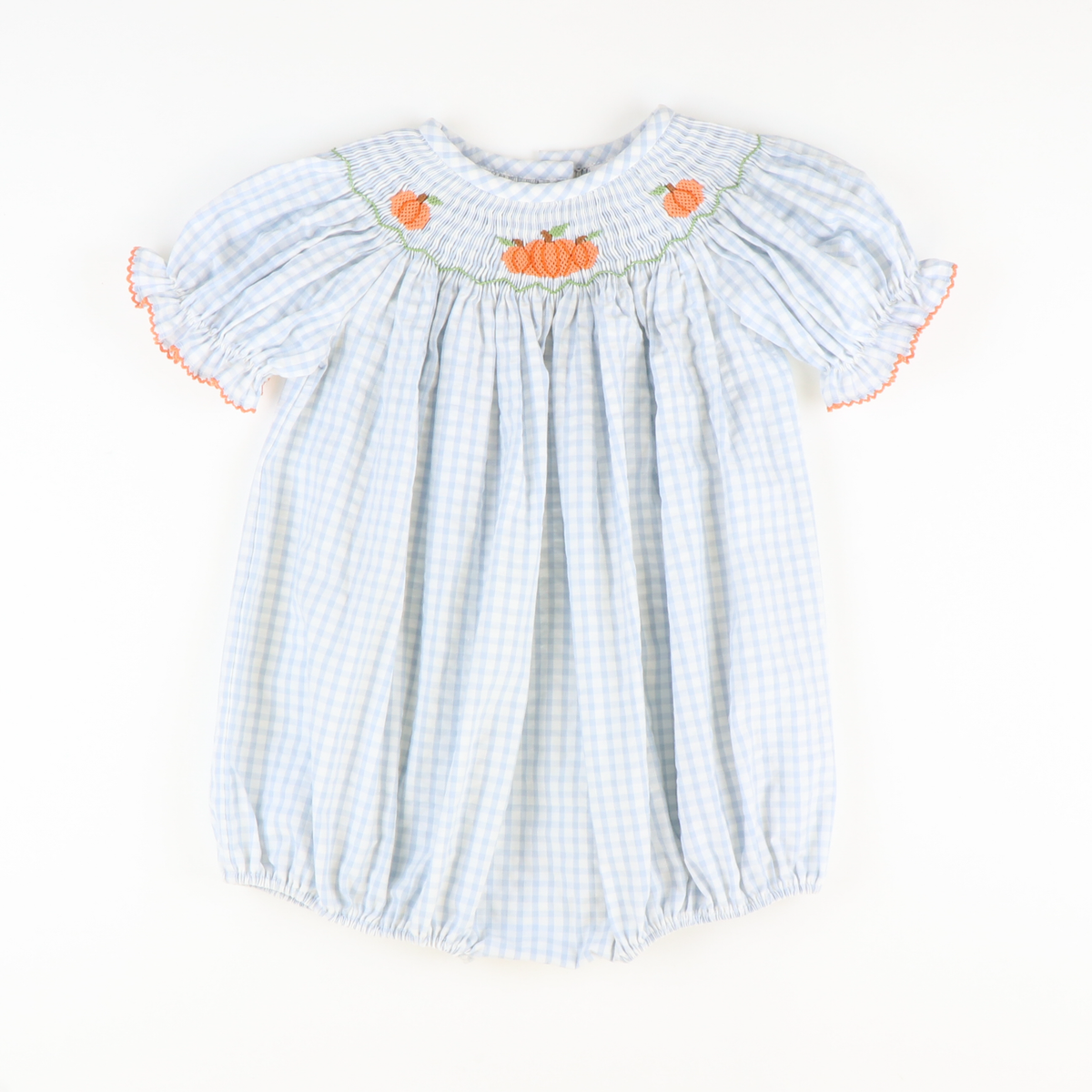Smocked Autumn Pumpkins Girl Bubble - Light Blue Check Seersucker