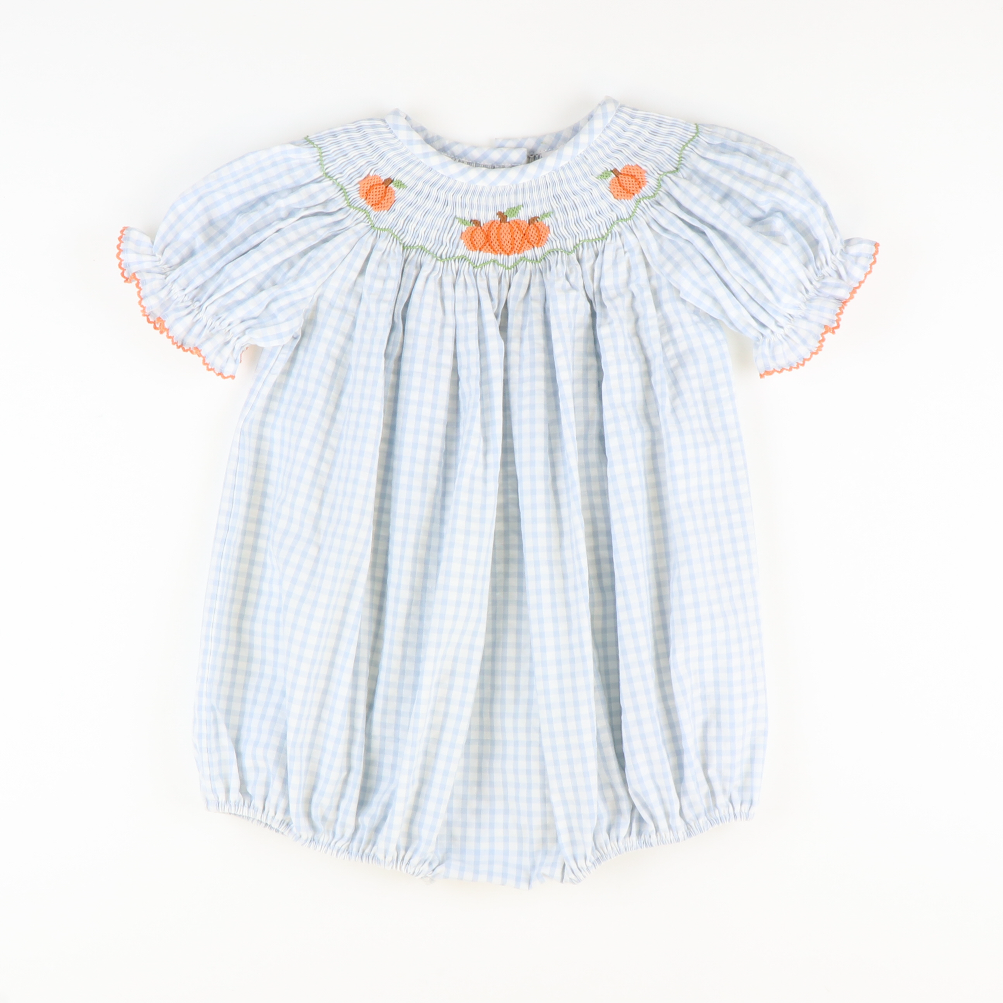 Smocked Autumn Pumpkins Girl Bubble - Light Blue Check Seersucker