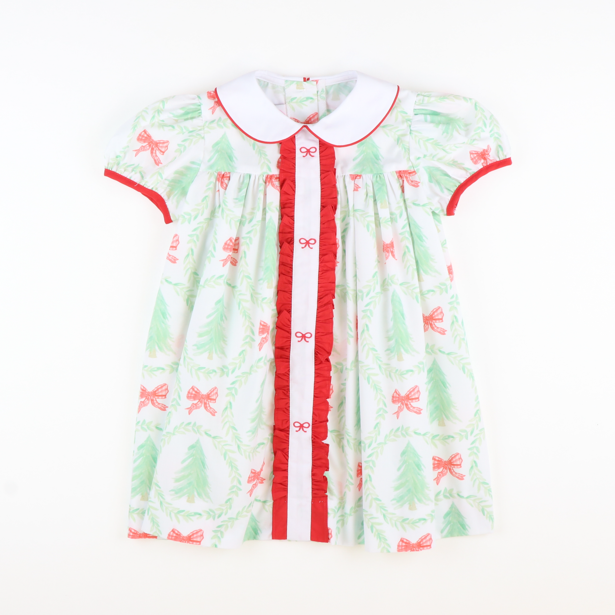 Embroidered Bows Collared Dress - Heirloom Christmas Trees