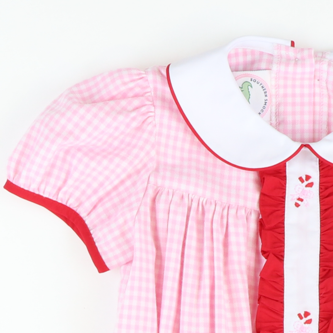 Embroidered Candy Canes Collared Dress - Light Pink Check Flannel