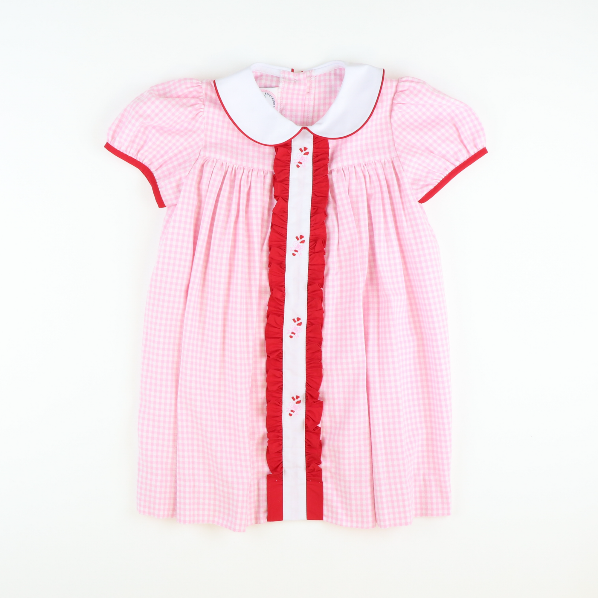 Embroidered Candy Canes Collared Dress - Light Pink Check Flannel