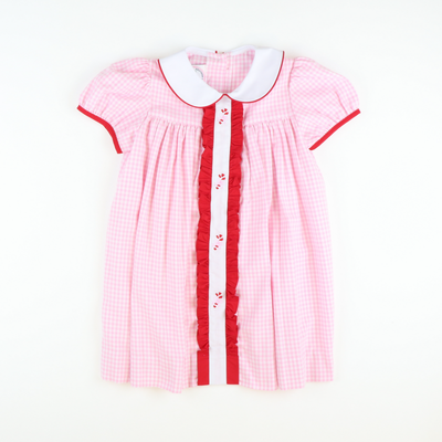 Embroidered Candy Canes Collared Dress - Light Pink Check Flannel