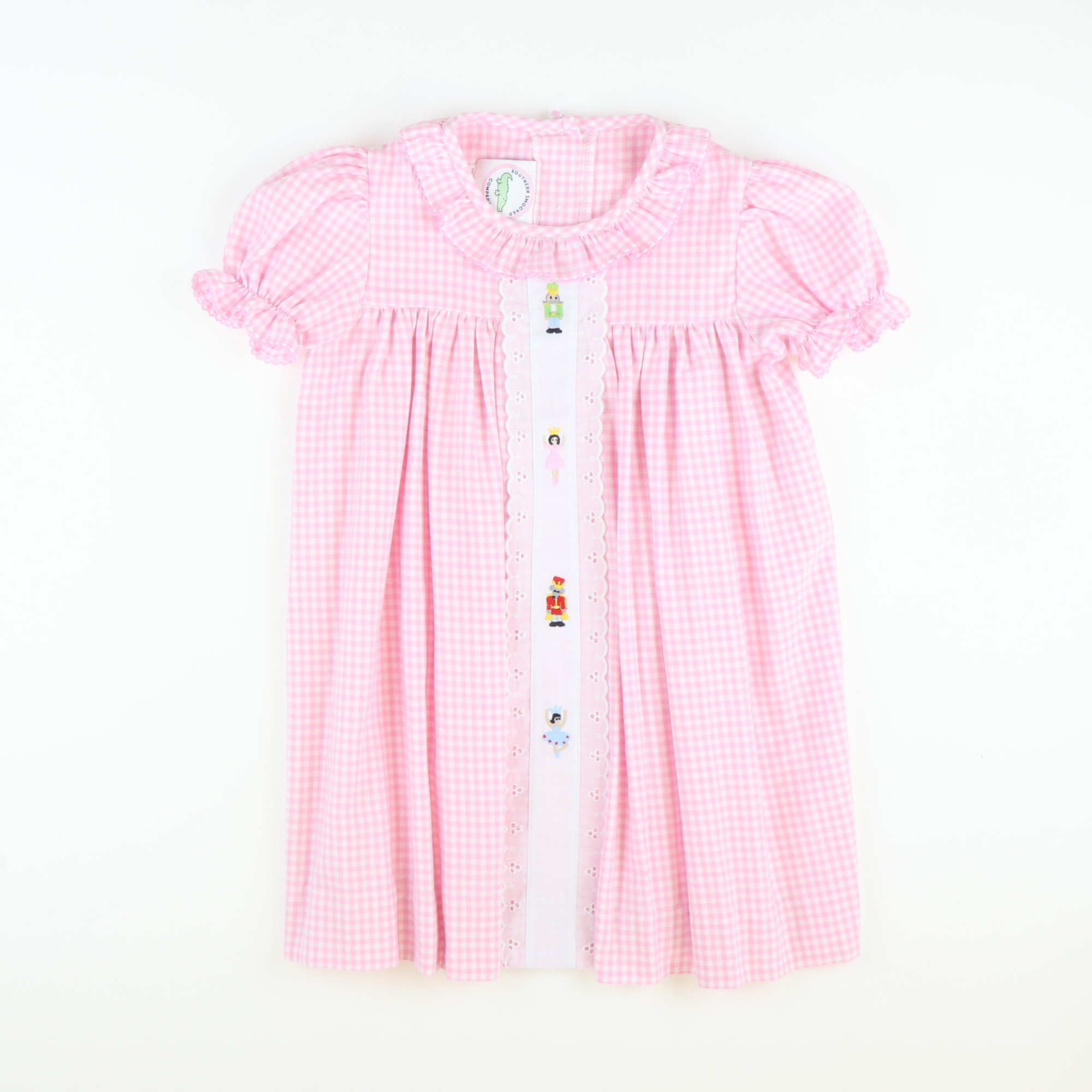 Embroidered Nutcracker Ruffle Dress - Light Pink Check Flannel
