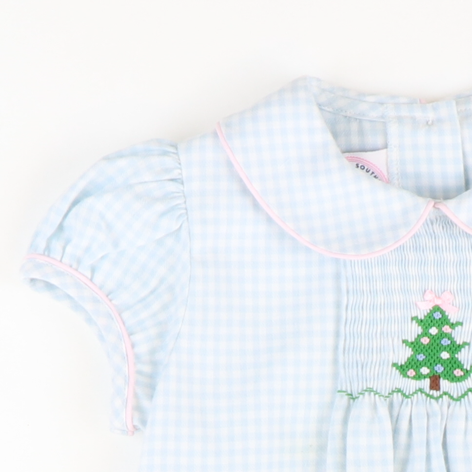 Smocked Christmas Tree Collared Girl Bubble - Light Blue Check Flannel