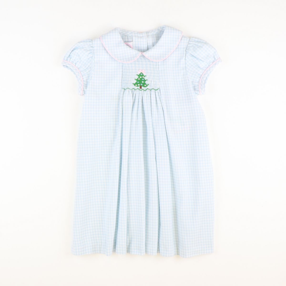 Smocked Christmas Tree Collared Dress - Light Blue Check Flannel