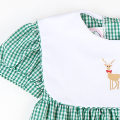 Embroidered Reindeer Collar Dress - Christmas Green Mini Gingham