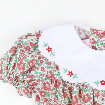 Embroidered Flowers Scalloped Collar Dress - Christmas Floral