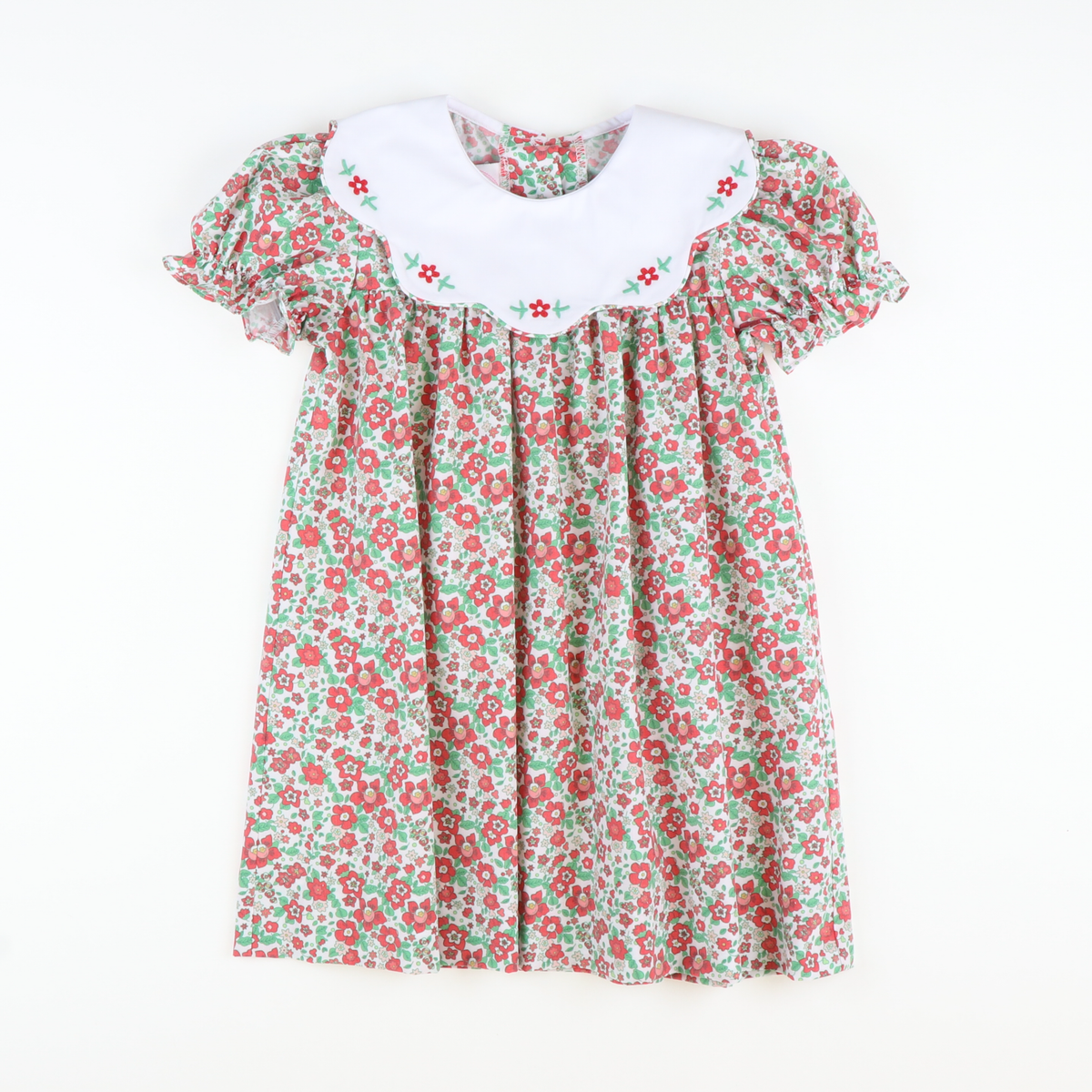 Embroidered Flowers Scalloped Collar Dress - Christmas Floral