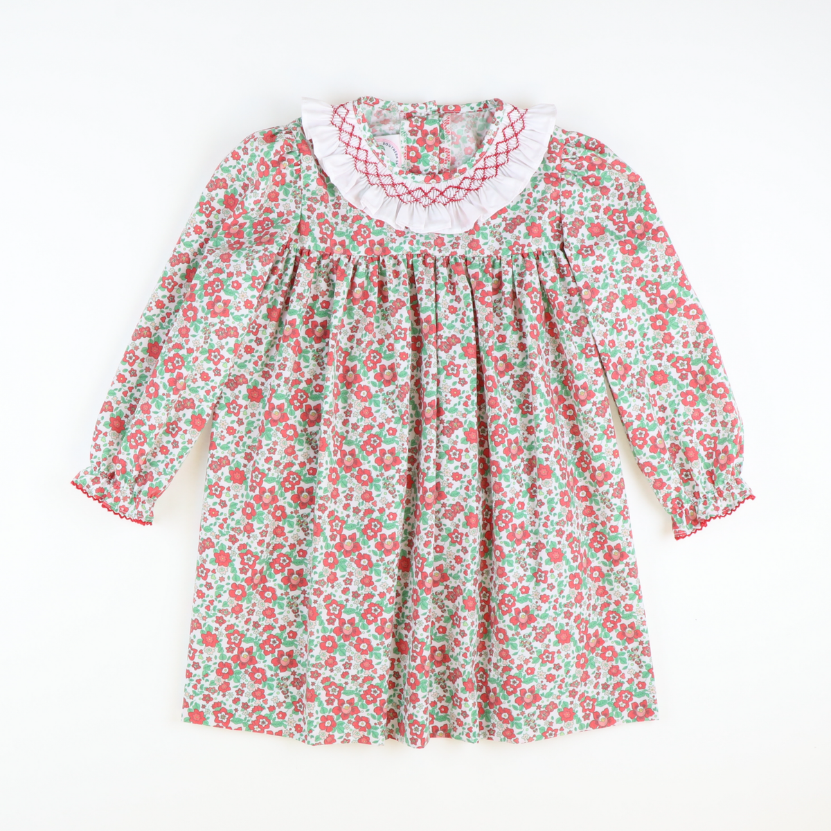 Smocked Christmas Floral Ruffle Neck Dress
