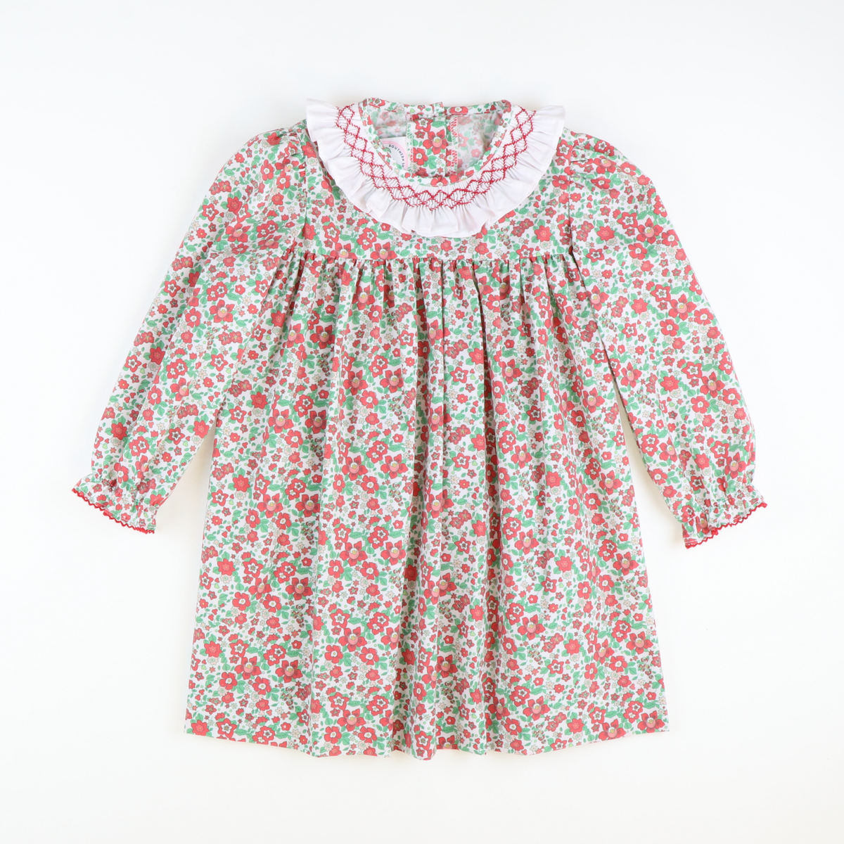 Smocked Christmas Floral Ruffle Neck Dress - Stellybelly