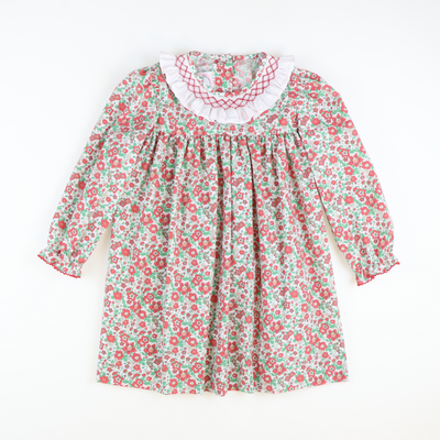 Smocked Christmas Floral Ruffle Neck Dress