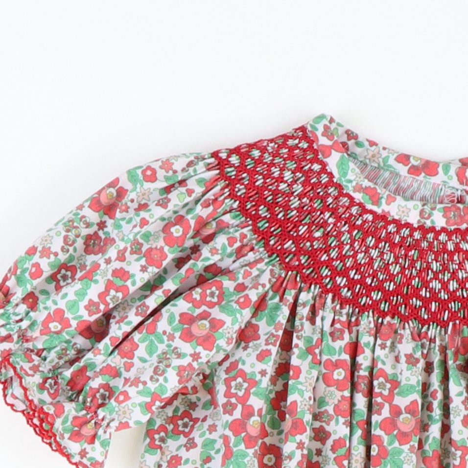 Smocked Christmas Floral Geo Girl Long Bubble