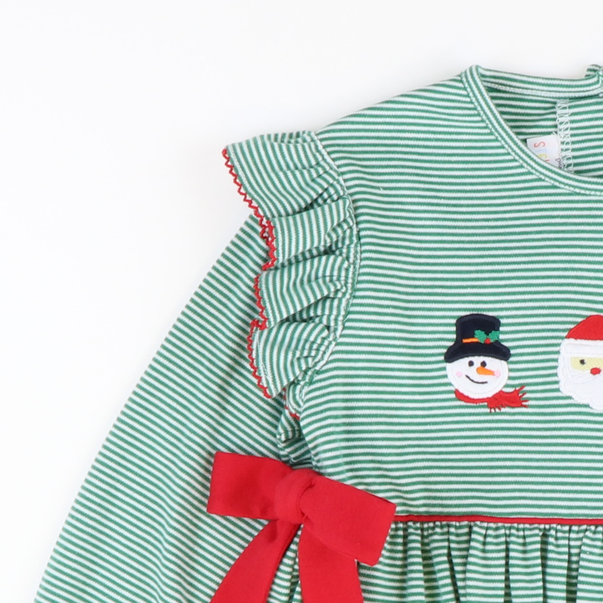 Appliquéd Christmas Friends Girl Bow Bubble - Green Micro Stripe Knit