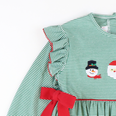 Appliquéd Christmas Friends Bow Dress - Green Micro Stripe Knit