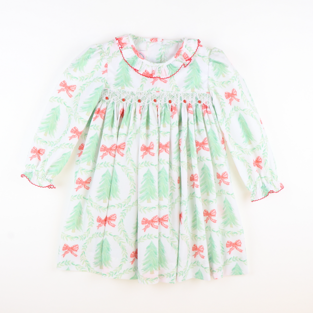 Smocked Rosette Ruffle Dress - Heirloom Christmas Trees - Stellybelly