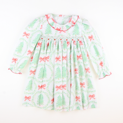 Smocked Rosette Ruffle Dress - Heirloom Christmas Trees