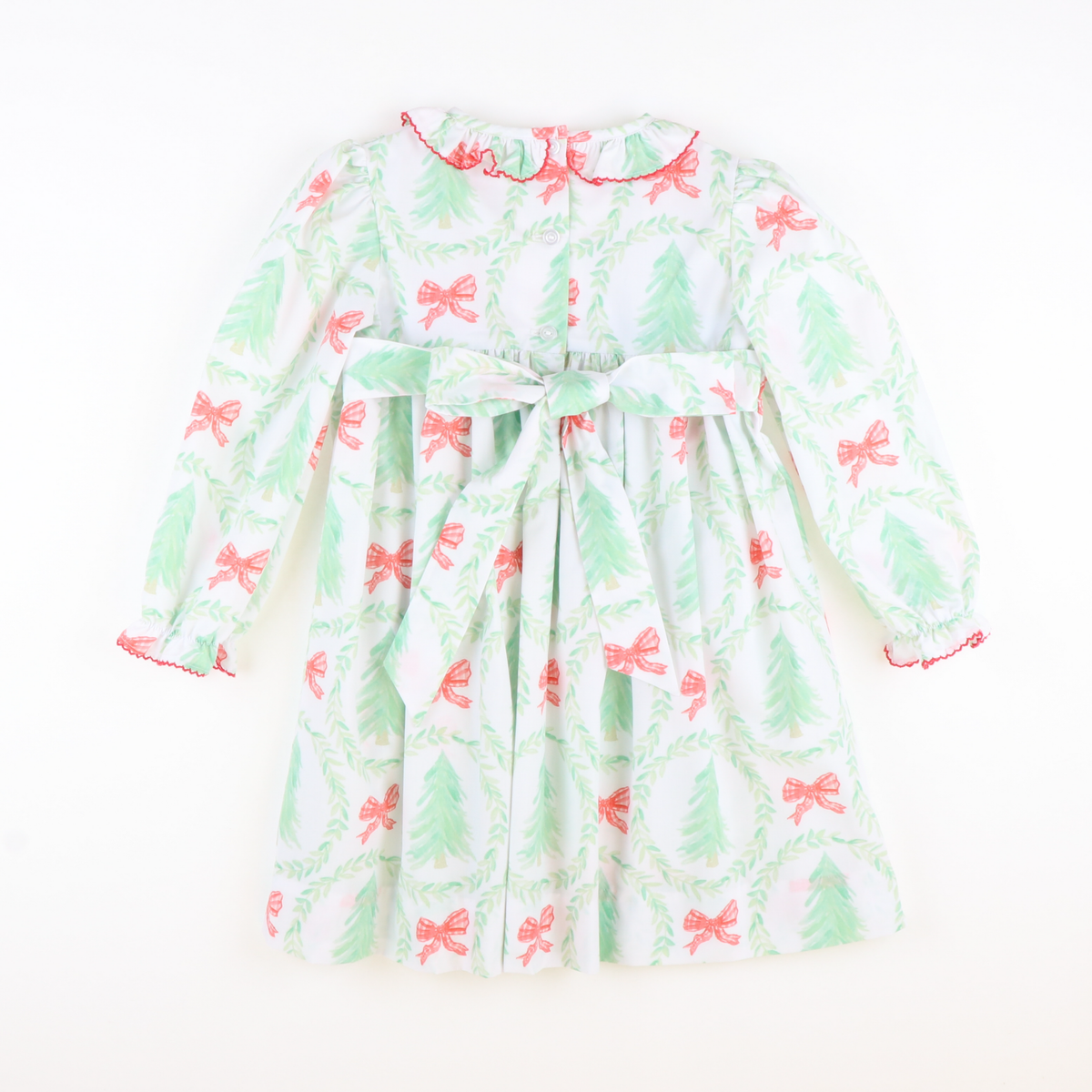 Smocked Rosette Ruffle Dress - Heirloom Christmas Trees - Stellybelly