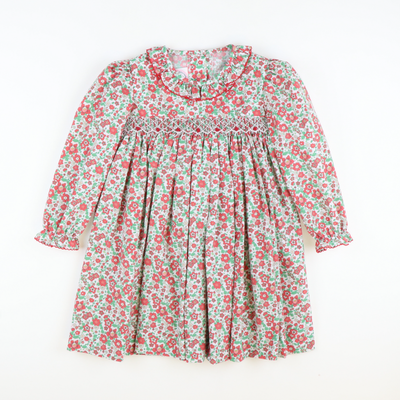 Smocked Rosette Ruffle Dress - Christmas Floral