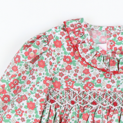 Smocked Rosette Ruffle Dress - Christmas Floral