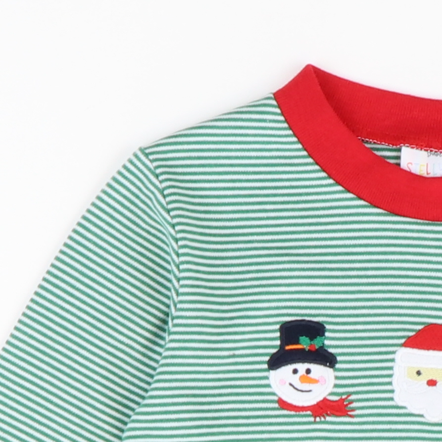 Appliquéd Christmas Friends Long Sleeve Shirt - Green Micro Stripe Knit