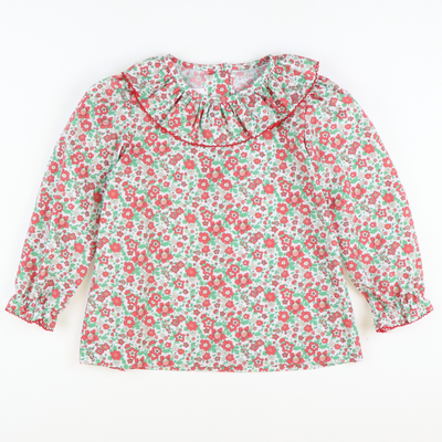 Christmas Floral Ruffle Neck Blouse